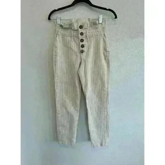 Free People Montella Cream & Brown Pin Stripe High Rise Paperbag Jeans Sz 2 - Picture 2 of 5